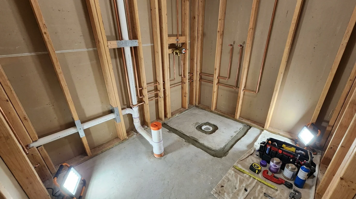 Bathroom rough-in plumbing during remodel by Johns Plumbing LLC in Cuba City