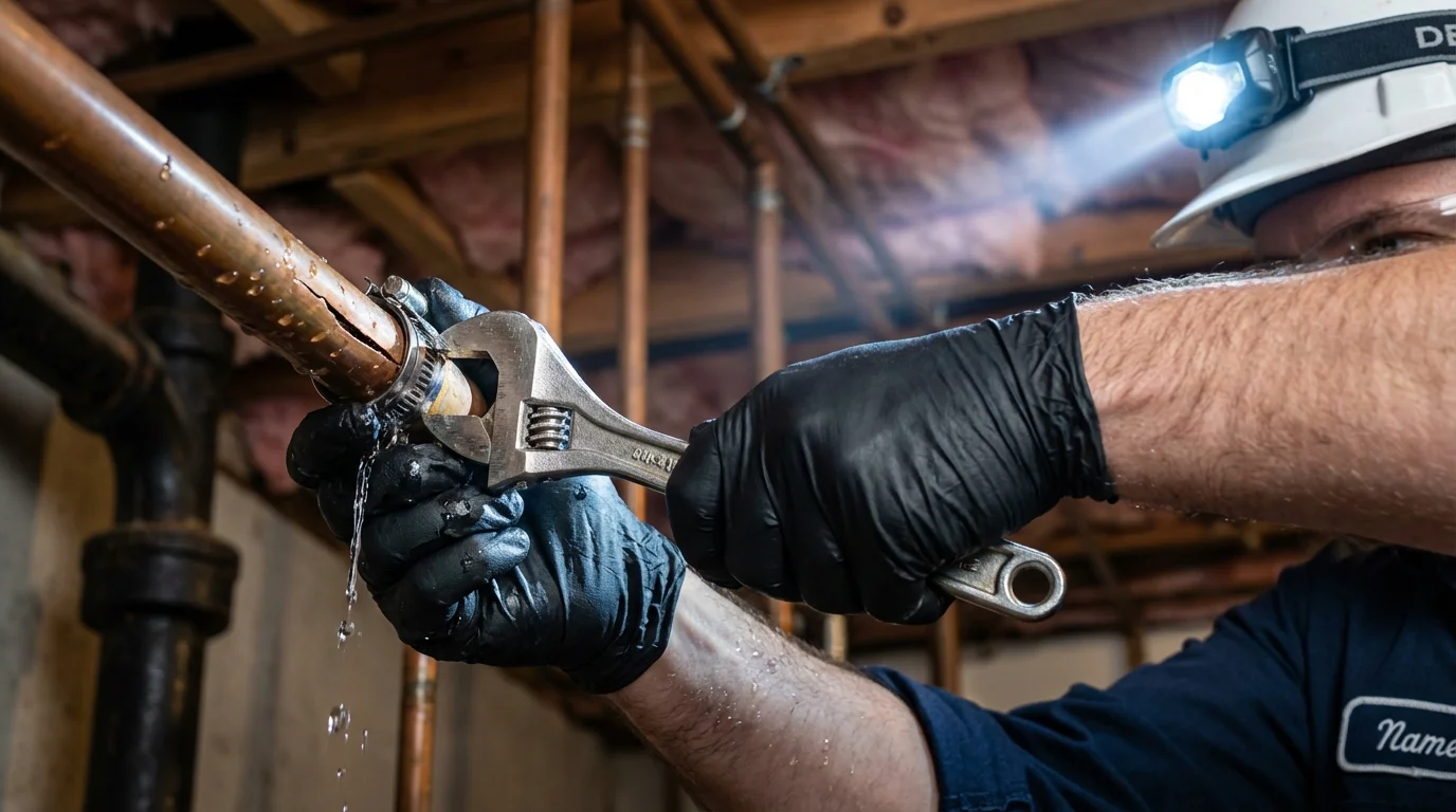 Emergency pipe clamp repair being performed by a Johns Plumbing LLC plumber in Cuba City