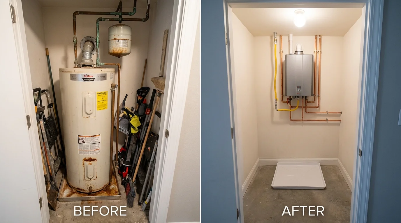 Tank water heater versus wall-mounted tankless unit comparison for Cuba City, WI homeowners