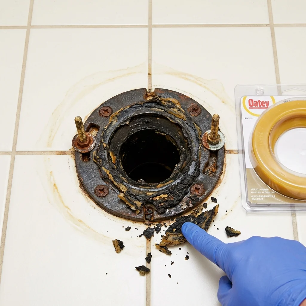 Failed wax ring showing water seepage at the base of a toilet in a Cuba City, WI home