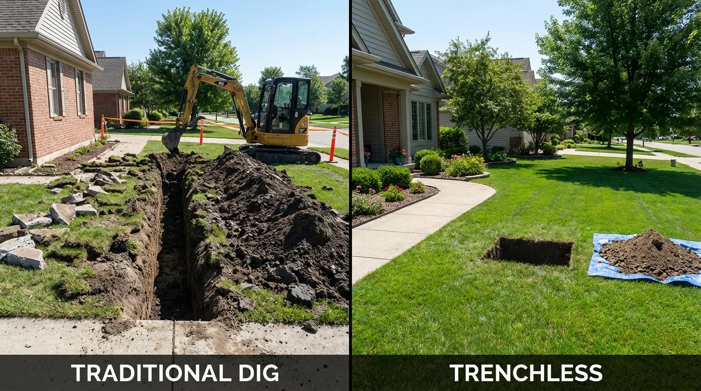 Trenchless sewer repair with minimal yard damage versus traditional excavation in Cuba City, WI