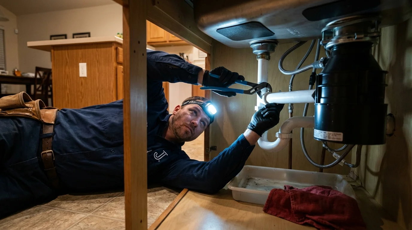 P-trap and supply line connections under a kitchen sink showing a common leak point in Cuba City, WI
